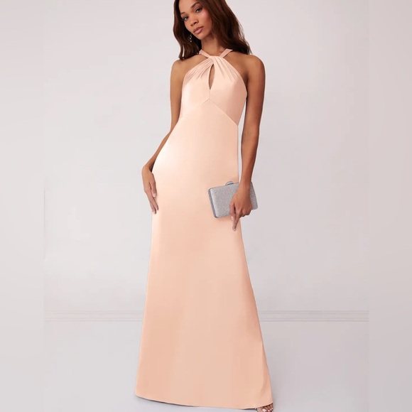 Azazie Keyhole Halter Stretch Satin Sheath Dress - Picture 1 of 14